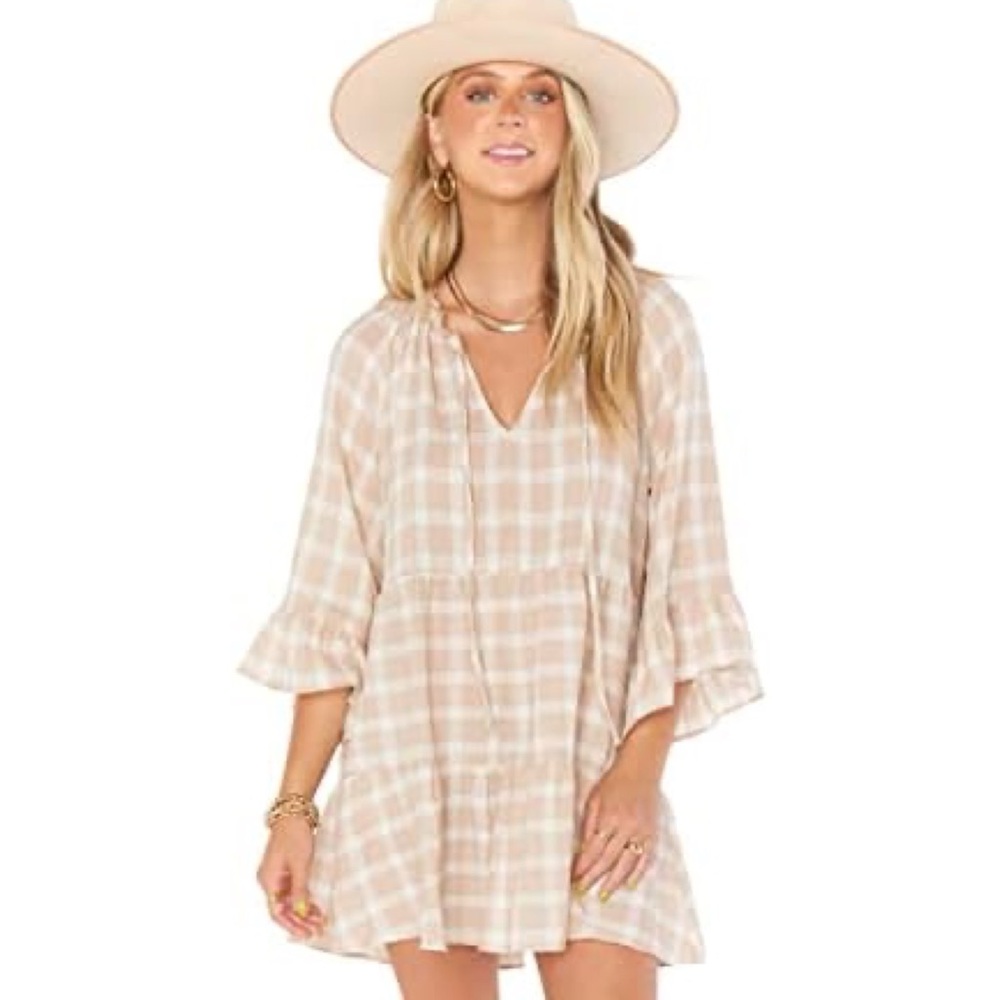 Show Me Your Mumu Viola Mini Swing Dress Tan/Cream Gingham Plaid Small